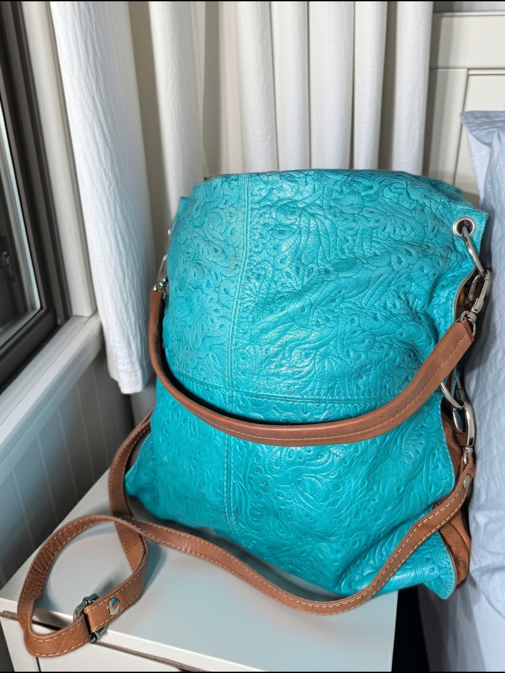 Turquoise Embossed Leather Hobo Bag with Tan Strap
